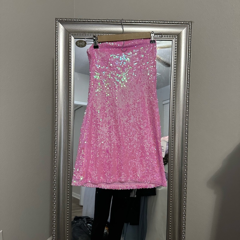 ASOS pink strapless sequin dress